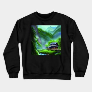 Digital Painting of a Beautiful Blue cottage Tree house near River and Greenery Mountains Crewneck Sweatshirt